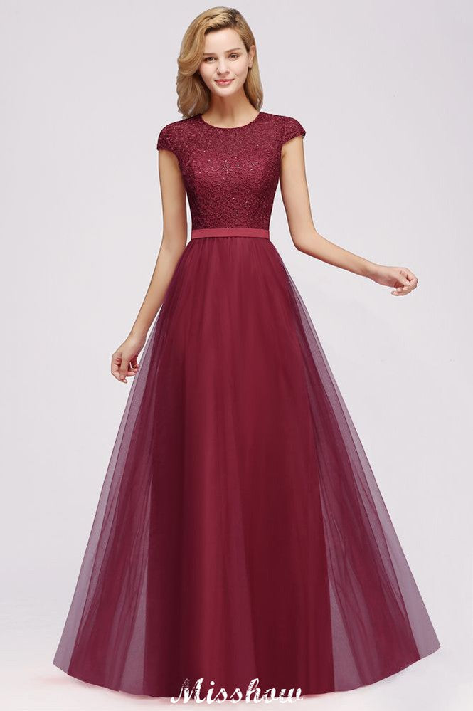 Elegant Lace A-Line Cap Sleeves Floor Length Birdesmaid Dress