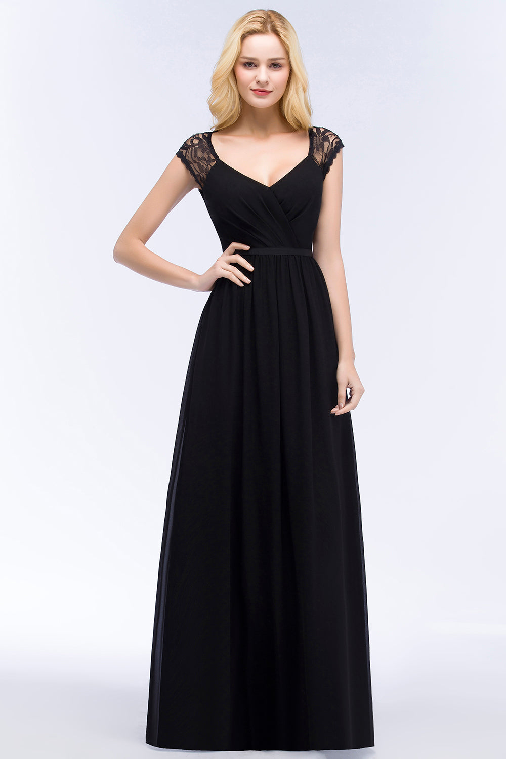 Elegant Lace Black V-Neck Sleeveless Bridesmaid Dresses with Hollowout Back - Fashionpara