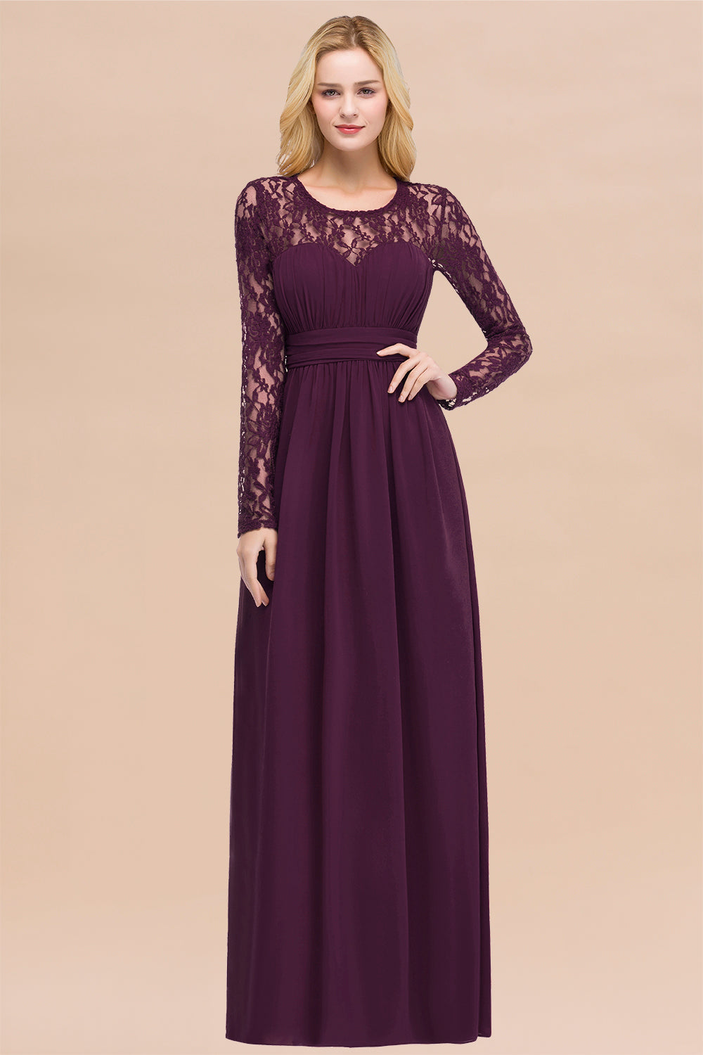 Elegant Lace Burgundy Bridesmaid dresses with Long Sleeves - Fashionpara