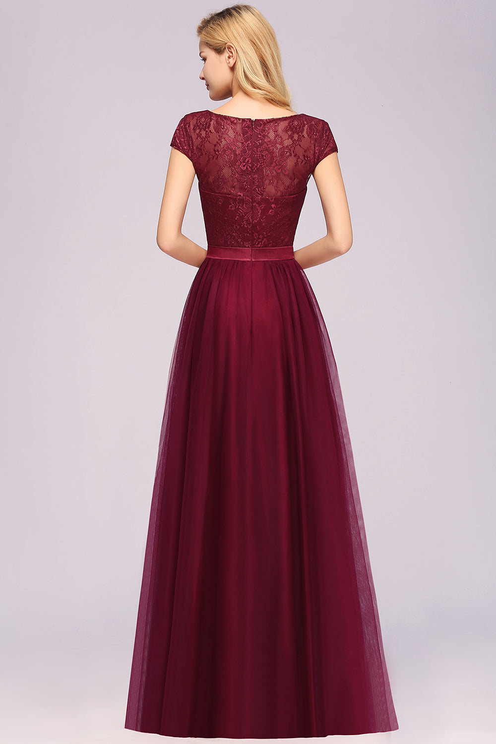Elegant Lace Cap Sleeves Burgundy Bridesmaid dresses Affordable - Fashionpara