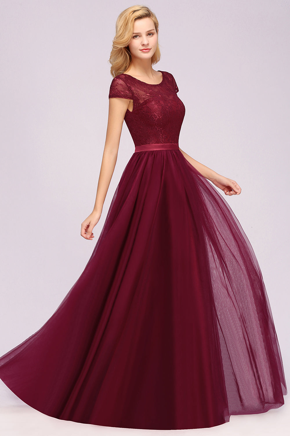 Elegant Lace Cap Sleeves Burgundy Bridesmaid dresses Affordable - Fashionpara