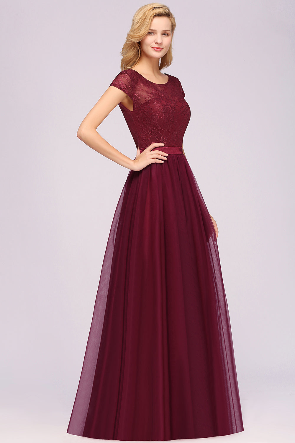 Elegant Lace Cap Sleeves Burgundy Bridesmaid dresses Affordable - Fashionpara