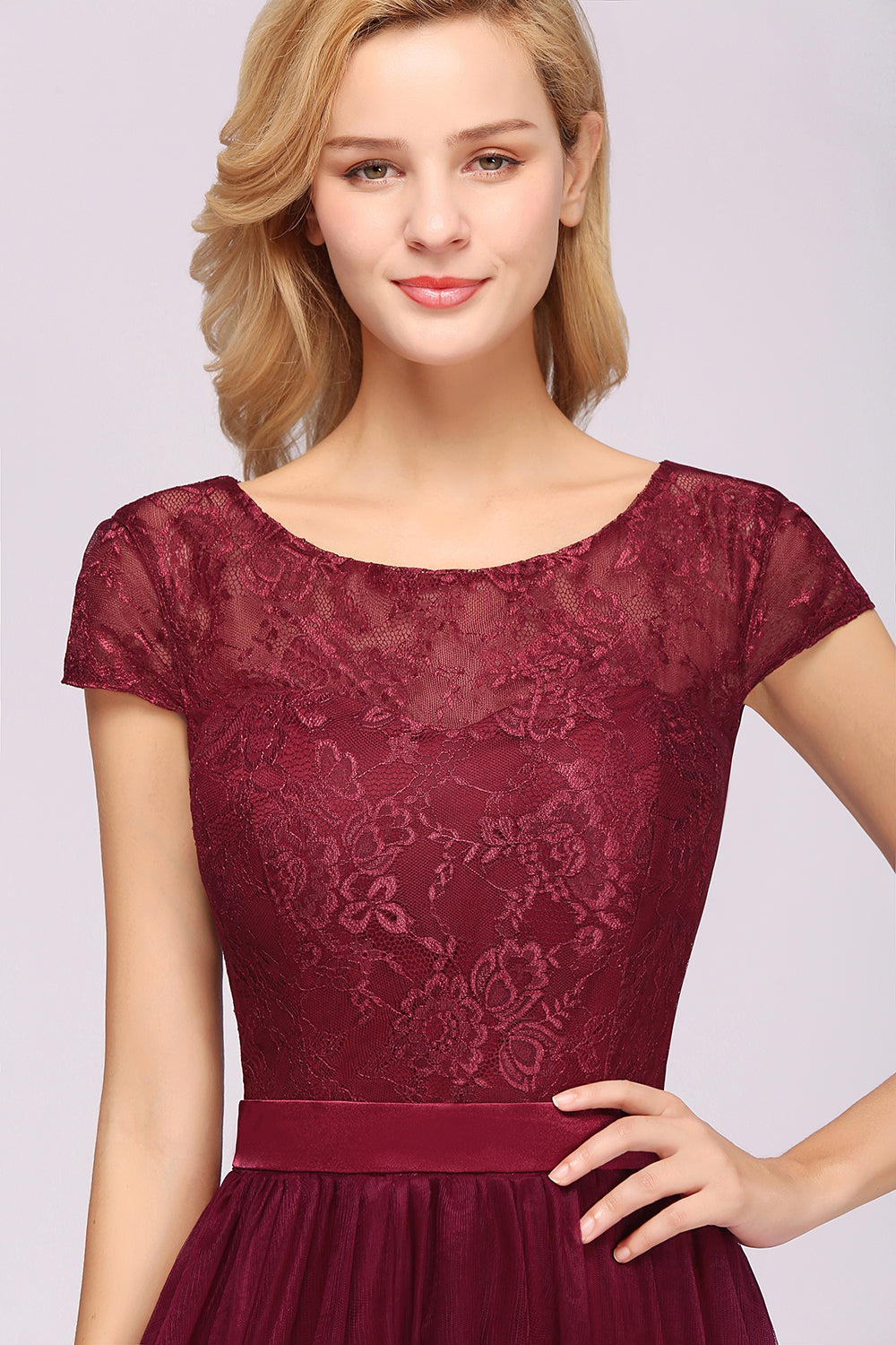 Elegant Lace Cap Sleeves Burgundy Bridesmaid dresses Affordable - Fashionpara