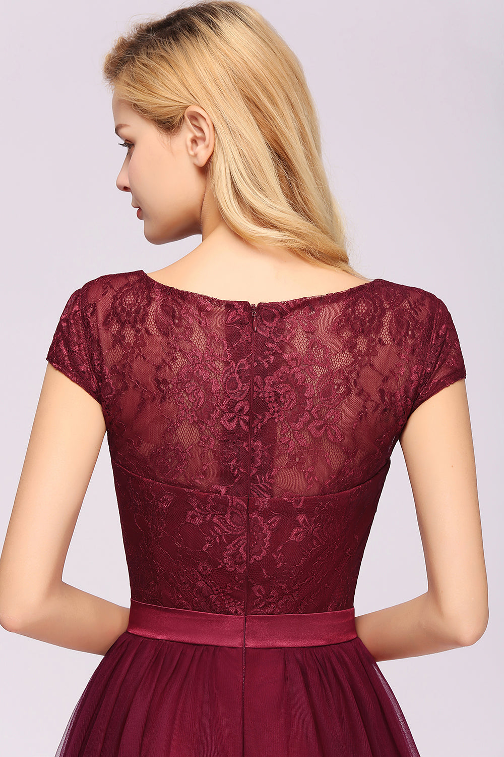 Elegant Lace Cap Sleeves Burgundy Bridesmaid dresses Affordable - Fashionpara