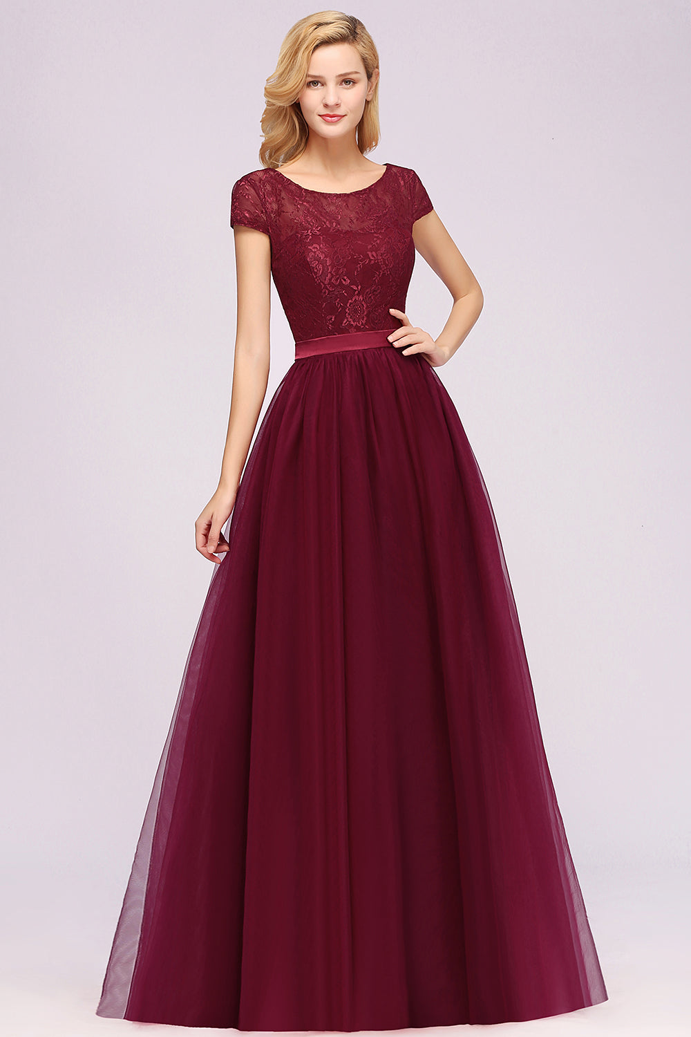 Elegant Lace Cap Sleeves Burgundy Bridesmaid dresses Affordable - Fashionpara
