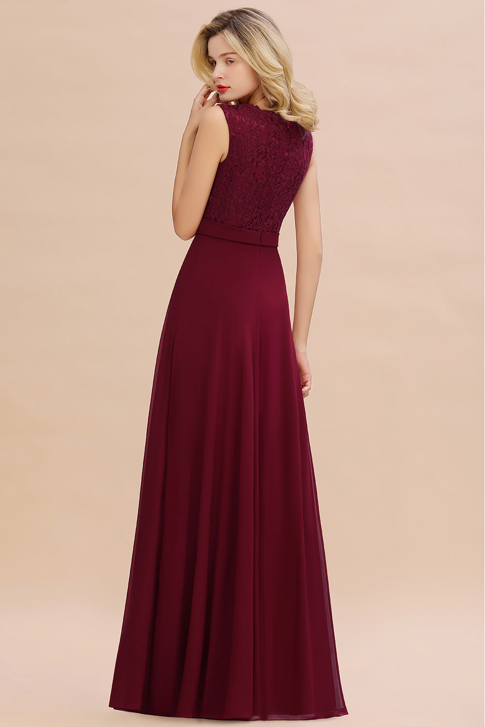 Elegant Lace Deep V-Neck Burgundy Bridesmaid Dresses Affordable - Fashionpara