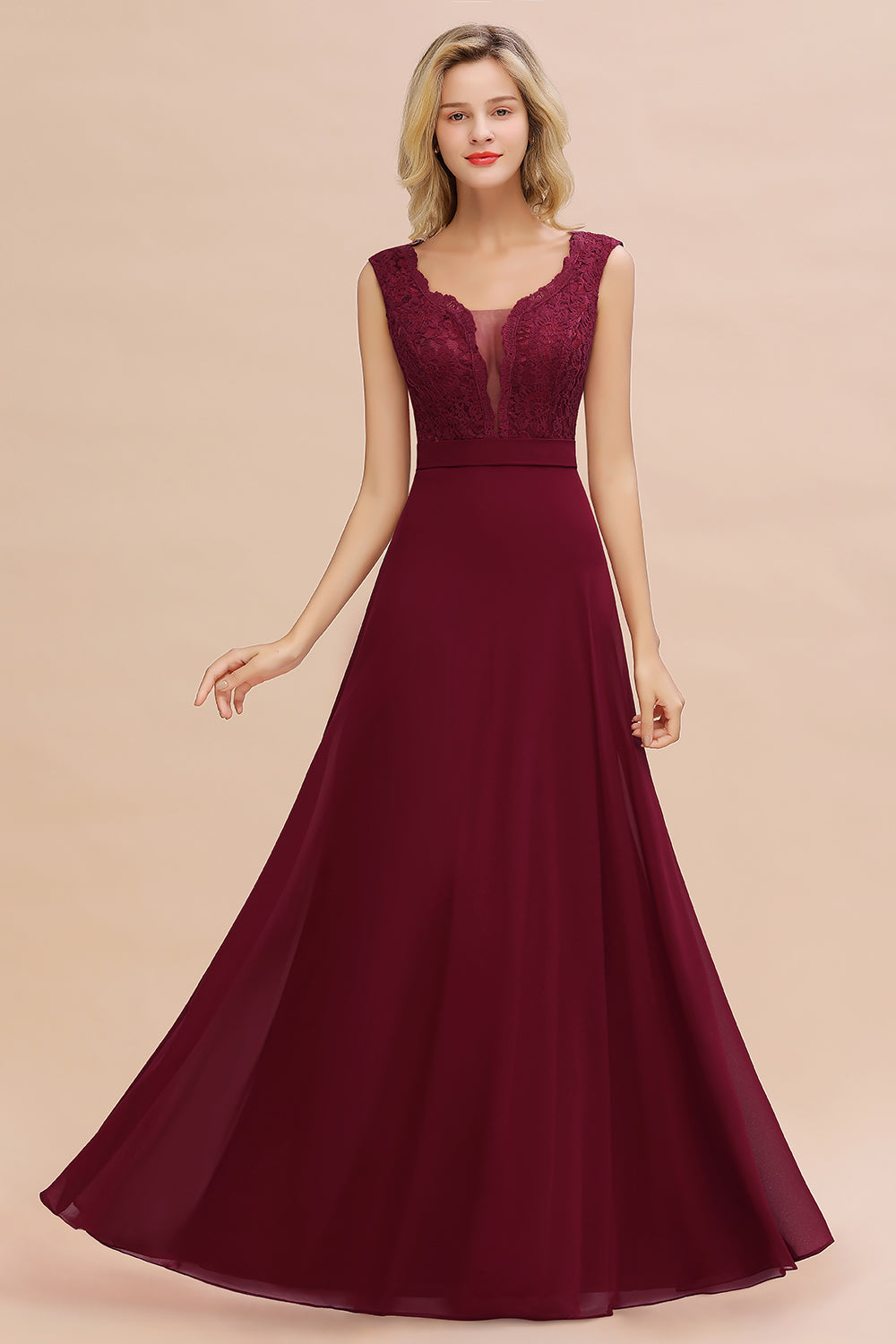 Elegant Lace Deep V-Neck Burgundy Bridesmaid Dresses Affordable - Fashionpara