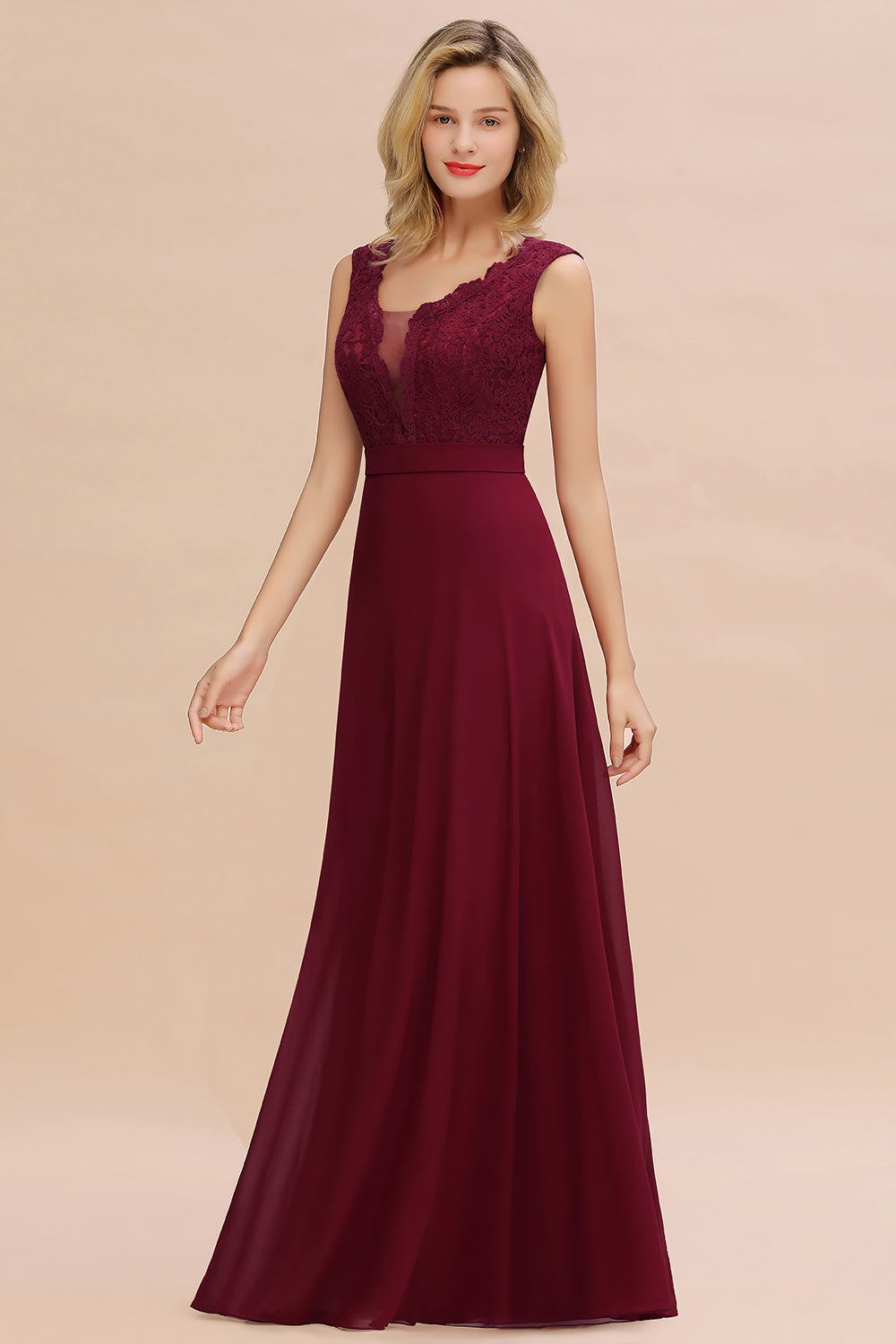 Elegant Lace Deep V-Neck Burgundy Bridesmaid Dresses Affordable - Fashionpara
