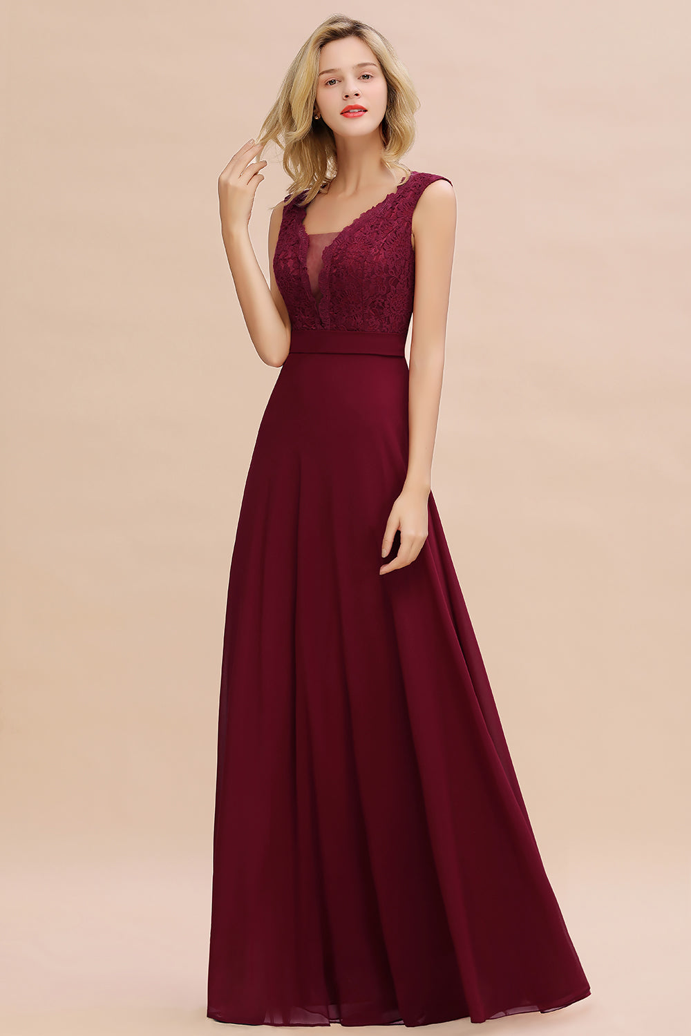 Elegant Lace Deep V-Neck Burgundy Bridesmaid Dresses Affordable - Fashionpara