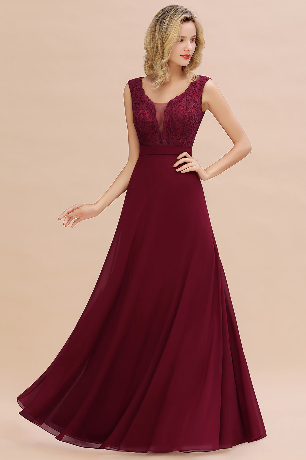 Elegant Lace Deep V-Neck Burgundy Bridesmaid Dresses Affordable - Fashionpara