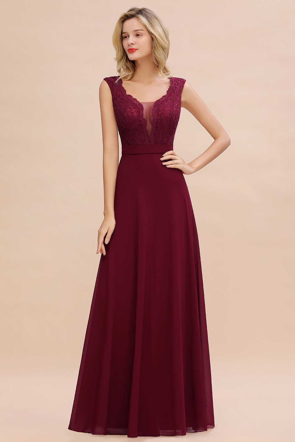 Elegant Lace Deep V-Neck Burgundy Bridesmaid Dresses Affordable - Fashionpara