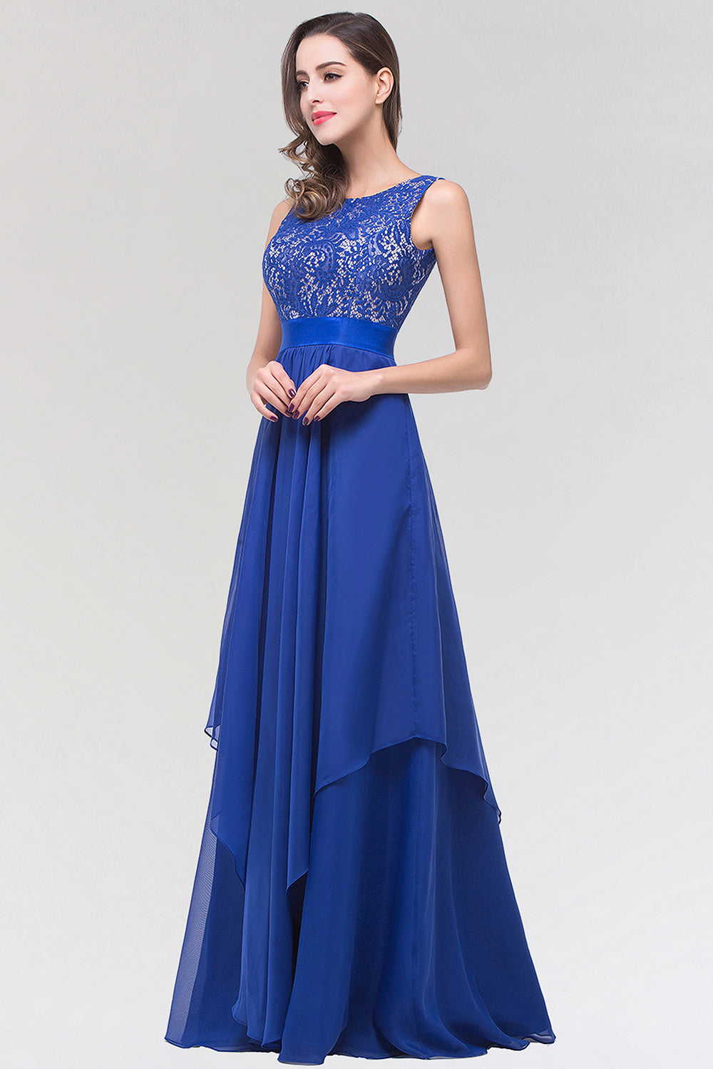 Elegant Lace Jewel Long Chiffon Bridesmaid Dresses with Asymmetric Hemline - Fashionpara