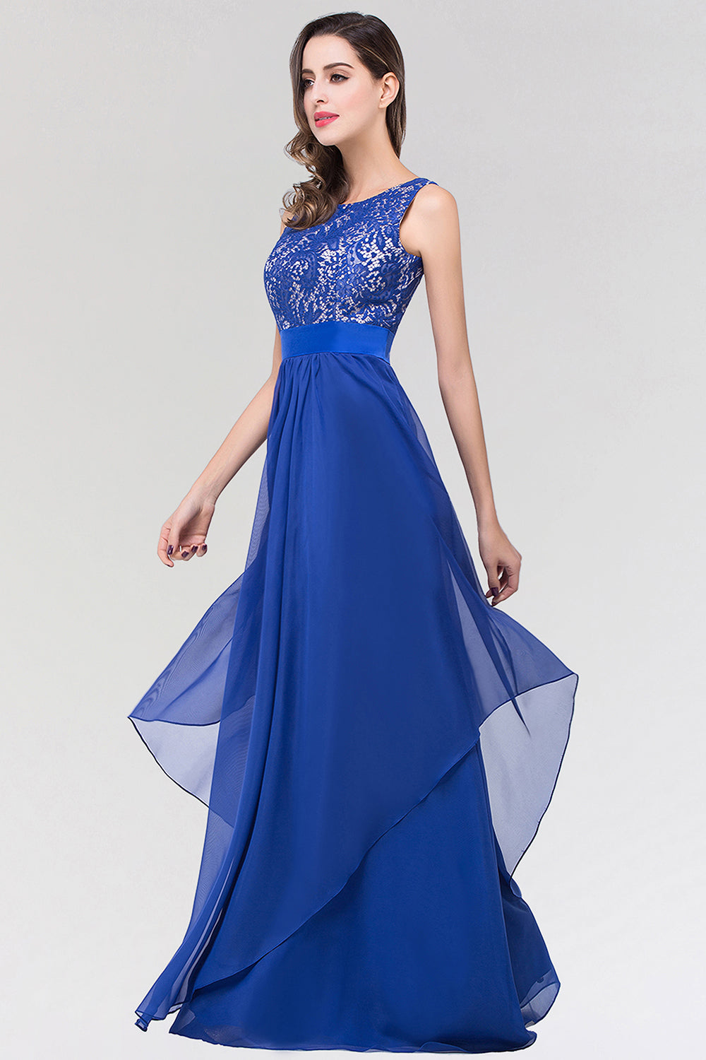 Elegant Lace Jewel Long Chiffon Bridesmaid Dresses with Asymmetric Hemline - Fashionpara