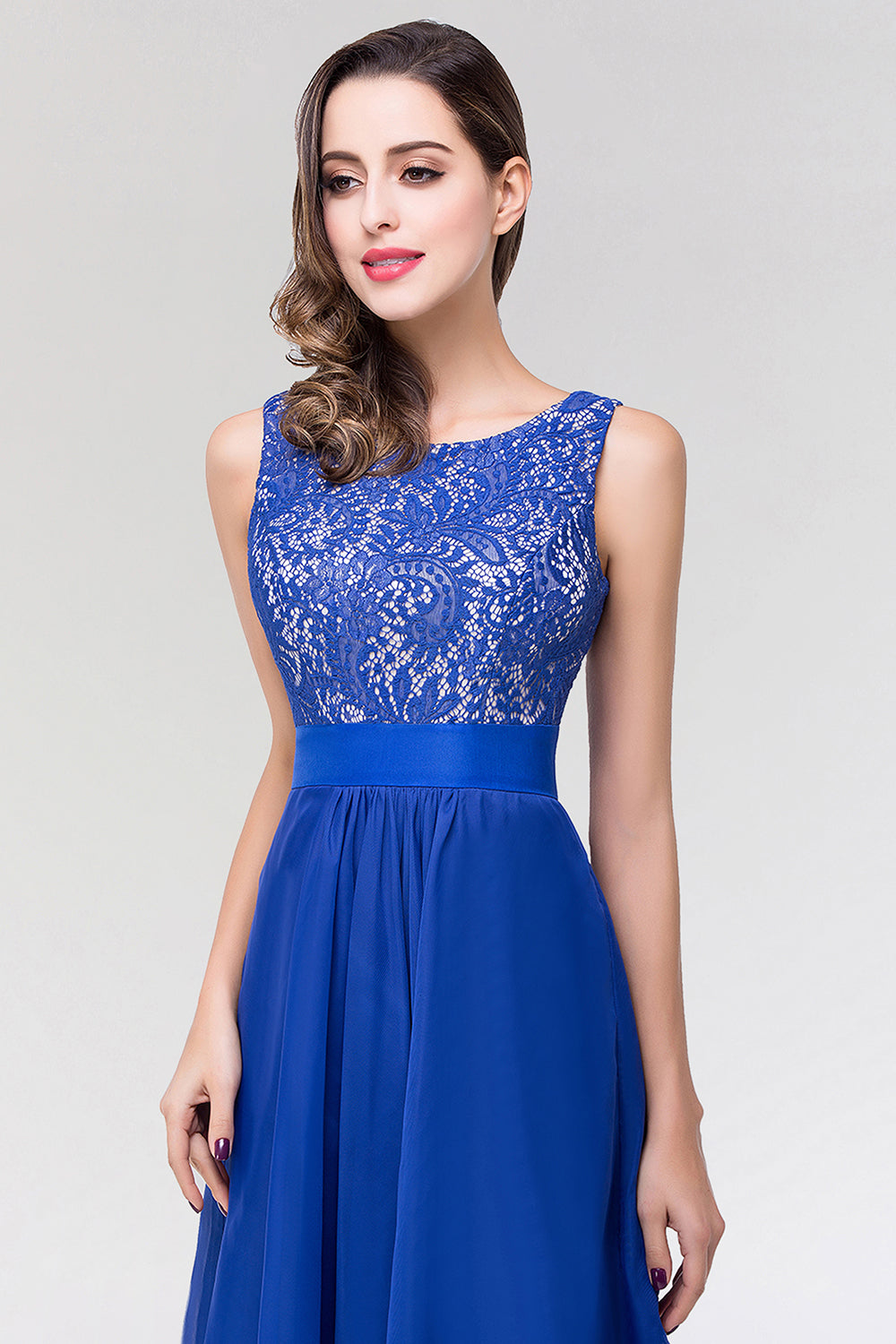 Elegant Lace Jewel Long Chiffon Bridesmaid Dresses with Asymmetric Hemline - Fashionpara