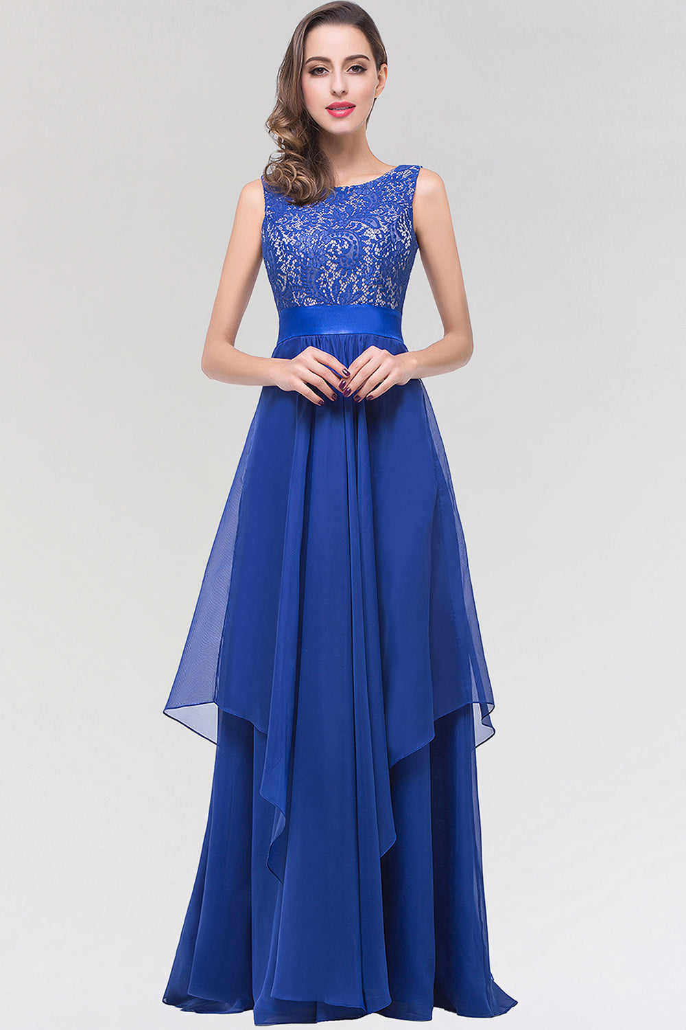 Elegant Lace Jewel Long Chiffon Bridesmaid Dresses with Asymmetric Hemline - Fashionpara