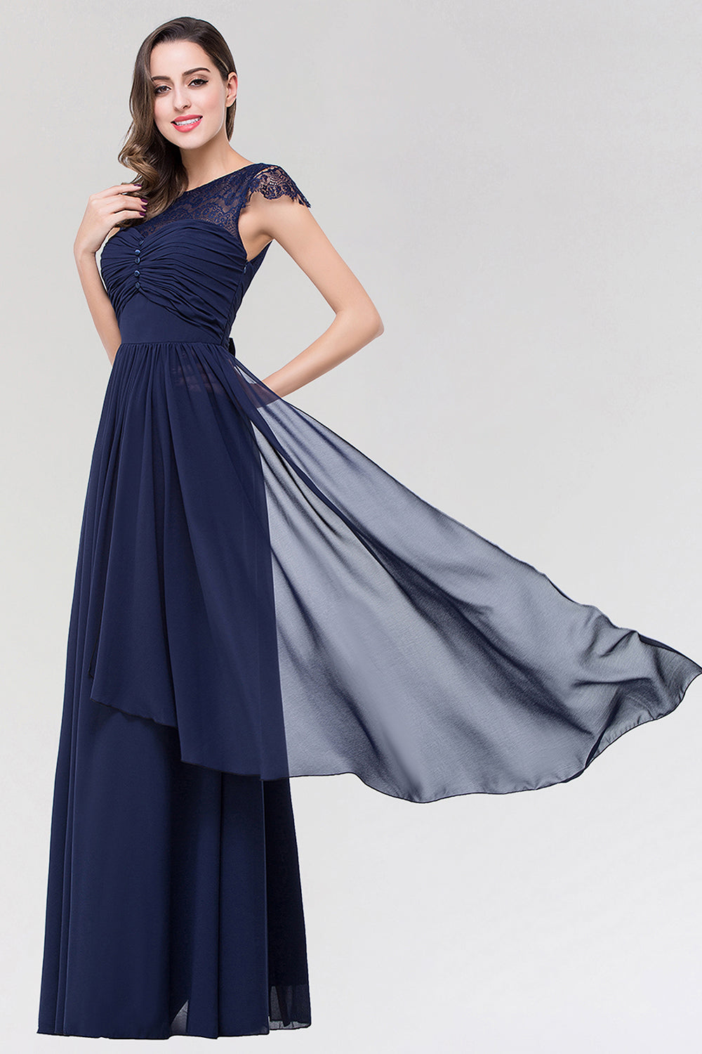 Elegant Lace Scoop Sleeveless Navy Bridesmaid Dresses with Buttons - Fashionpara