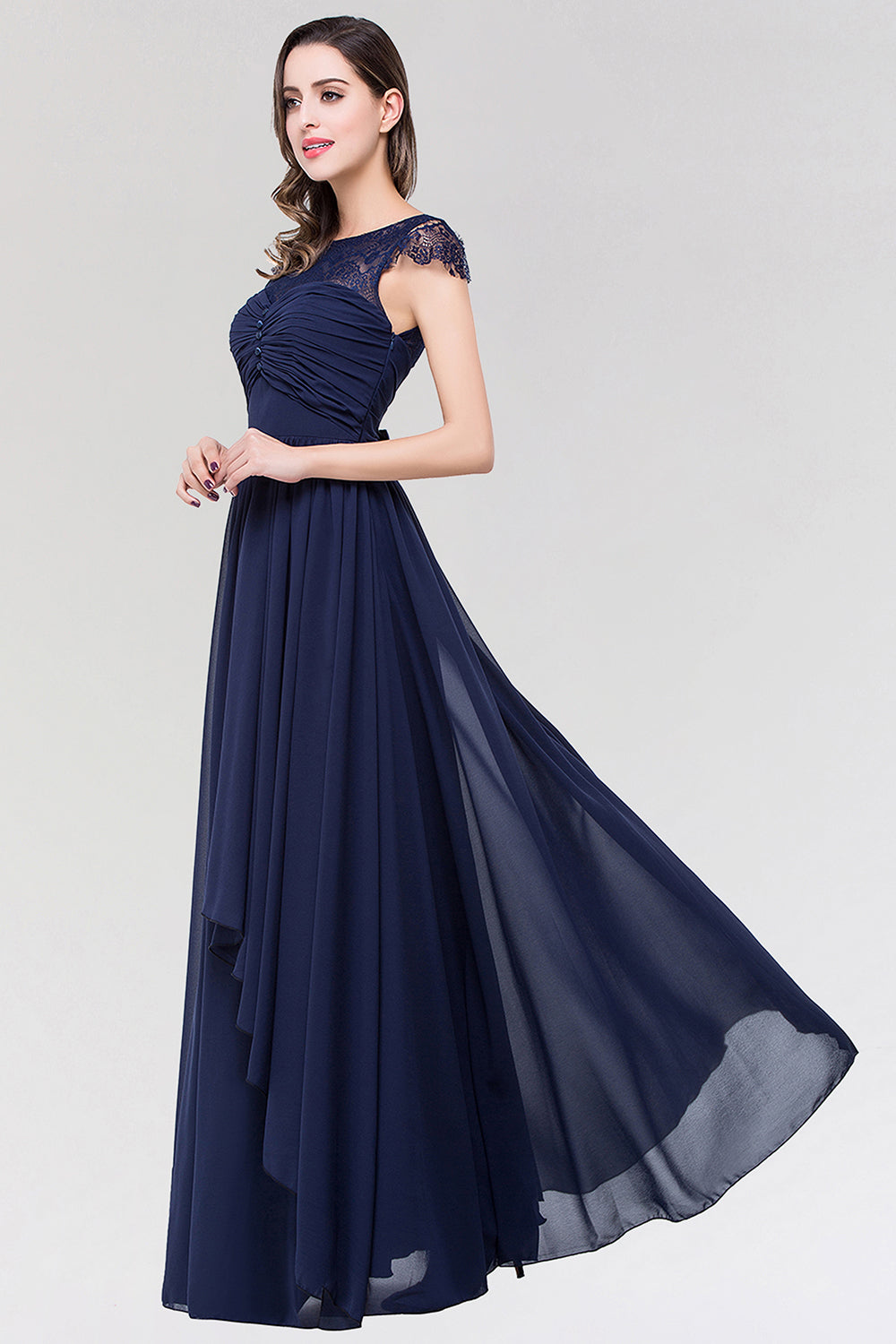Elegant Lace Scoop Sleeveless Navy Bridesmaid Dresses with Buttons - Fashionpara