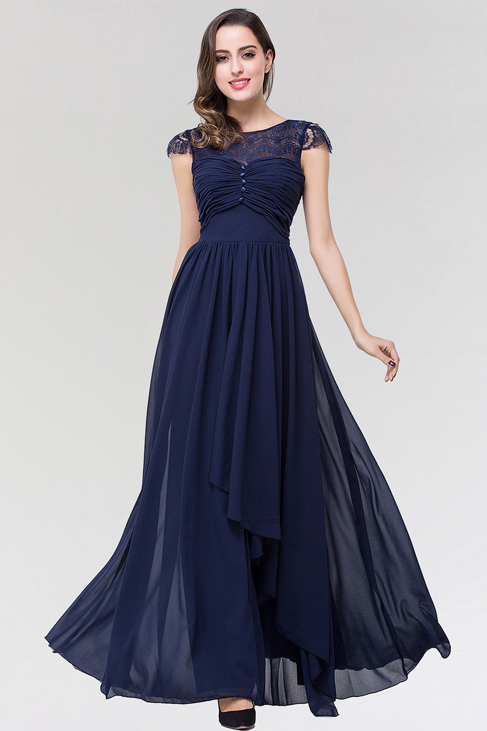 Elegant Lace Scoop Sleeveless Navy Bridesmaid Dresses with Buttons - Fashionpara