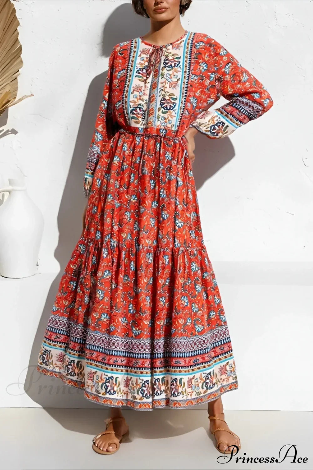 Elegant Lace-up Floral Print Boho Dress orange red / S bohodress-250126