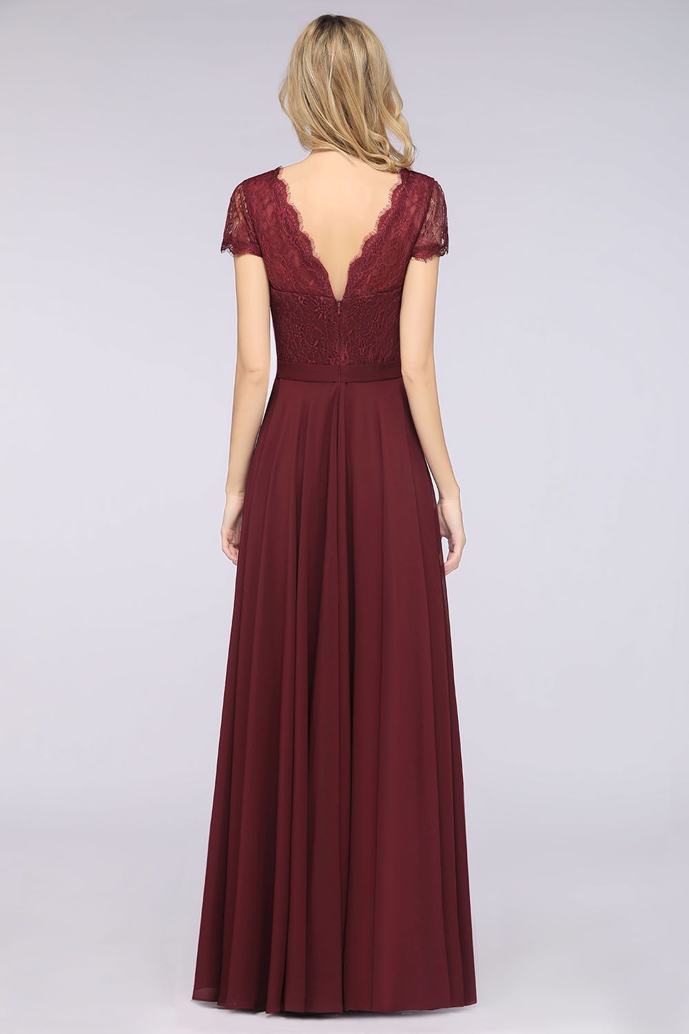 Elegant Lace V-Neck Burgundy Bridesmaid Dresses with Cap Sleeves - Fashionpara