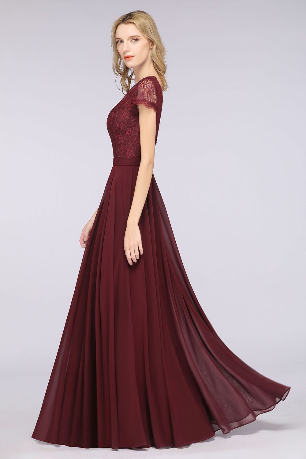 Elegant Lace V-Neck Burgundy Bridesmaid Dresses with Cap Sleeves - Fashionpara