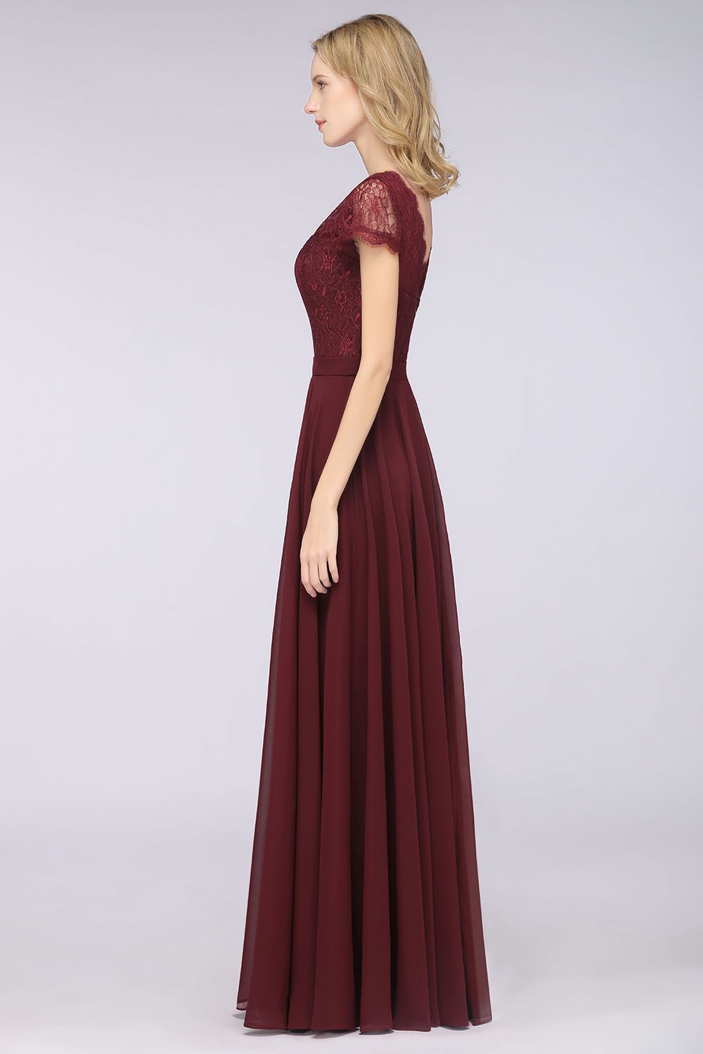 Elegant Lace V-Neck Burgundy Bridesmaid Dresses with Cap Sleeves - Fashionpara