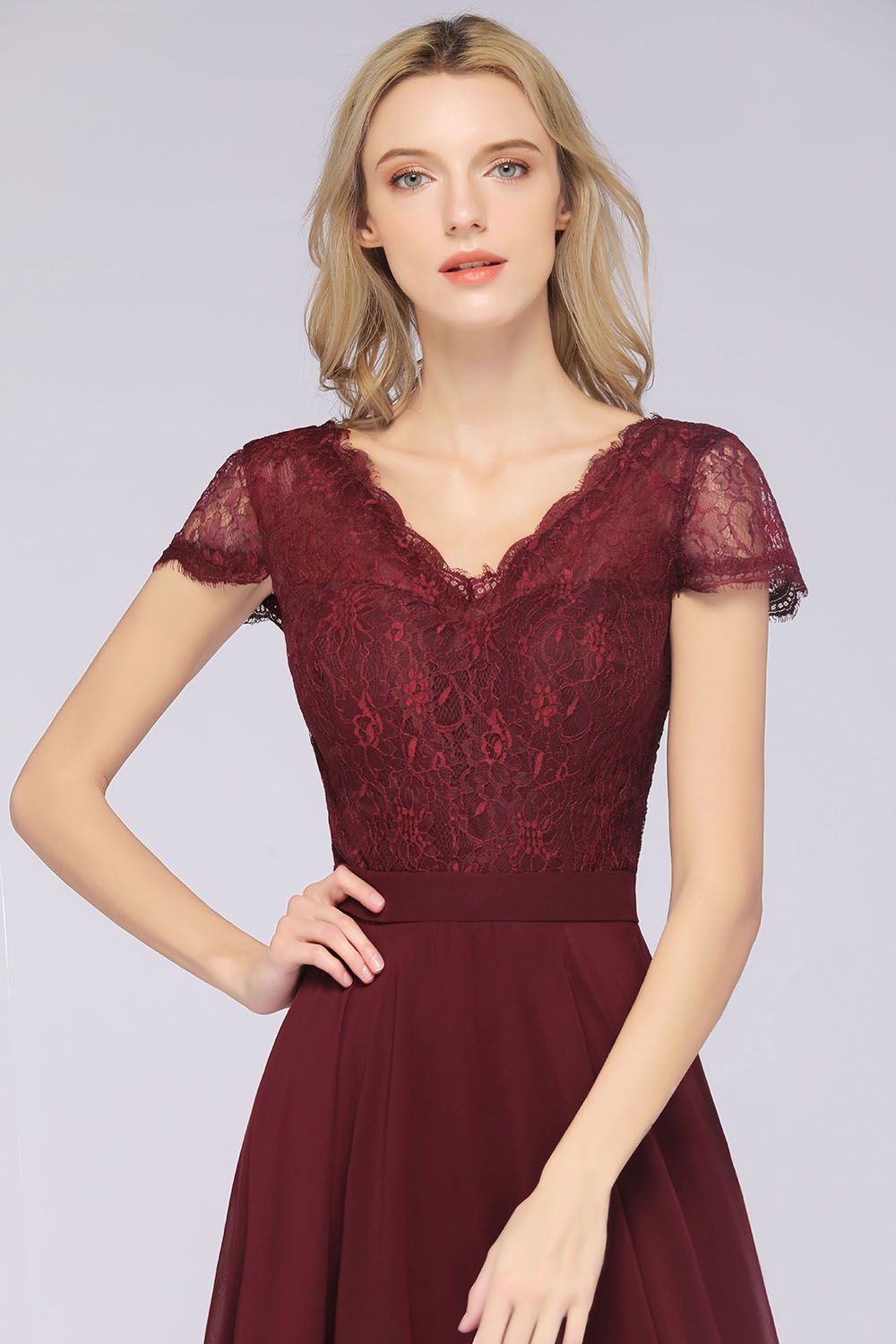 Elegant Lace V-Neck Burgundy Bridesmaid Dresses with Cap Sleeves - Fashionpara