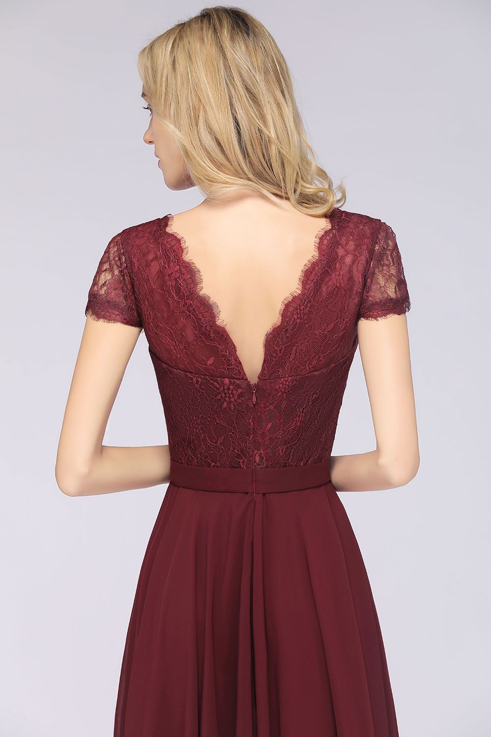 Elegant Lace V-Neck Burgundy Bridesmaid Dresses with Cap Sleeves - Fashionpara