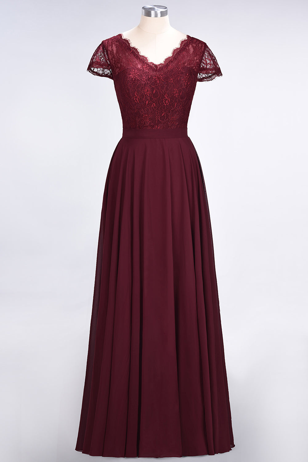Elegant Lace V-Neck Burgundy Bridesmaid Dresses with Cap Sleeves - Fashionpara
