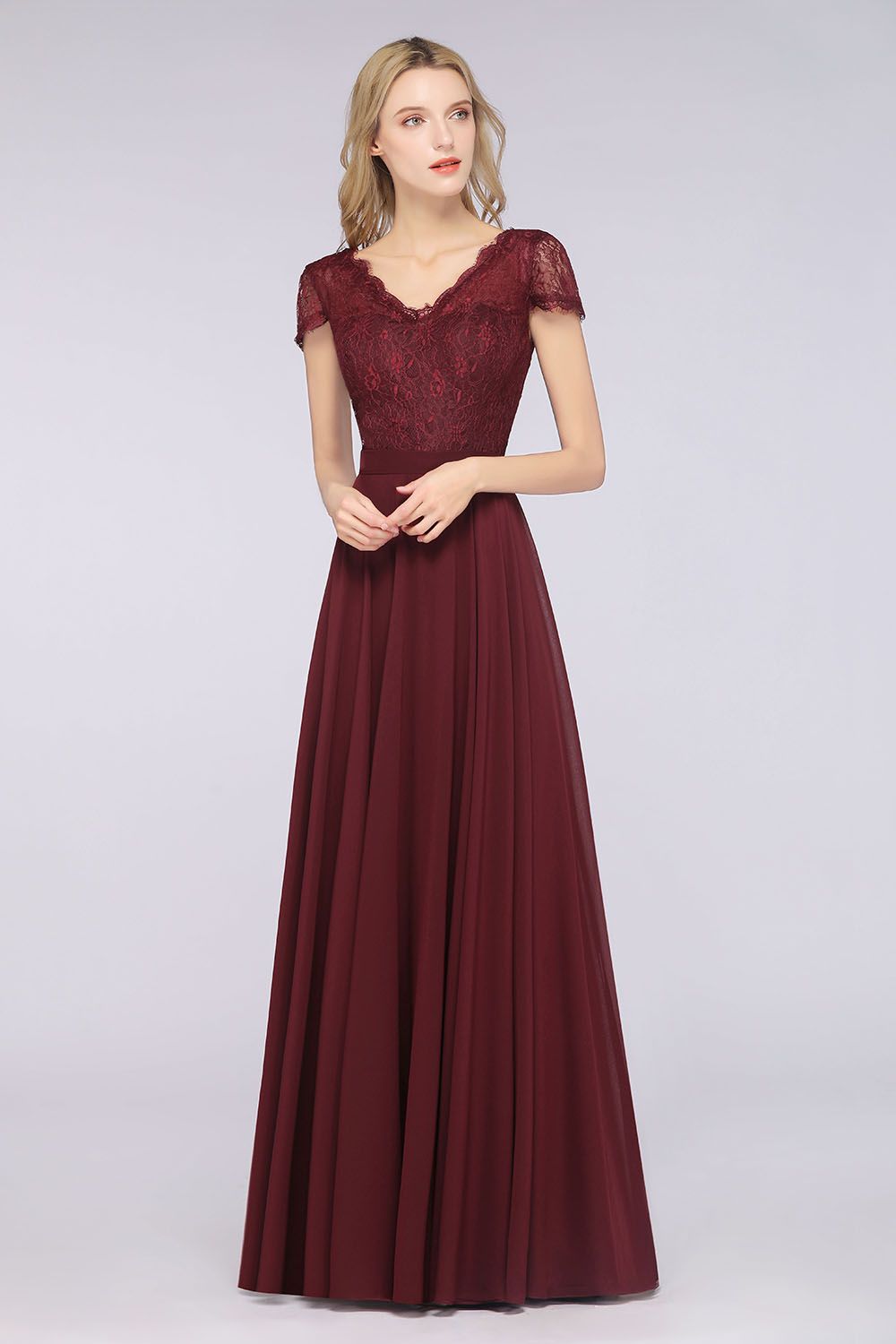 Elegant Lace V-Neck Burgundy Bridesmaid Dresses with Cap Sleeves - Fashionpara