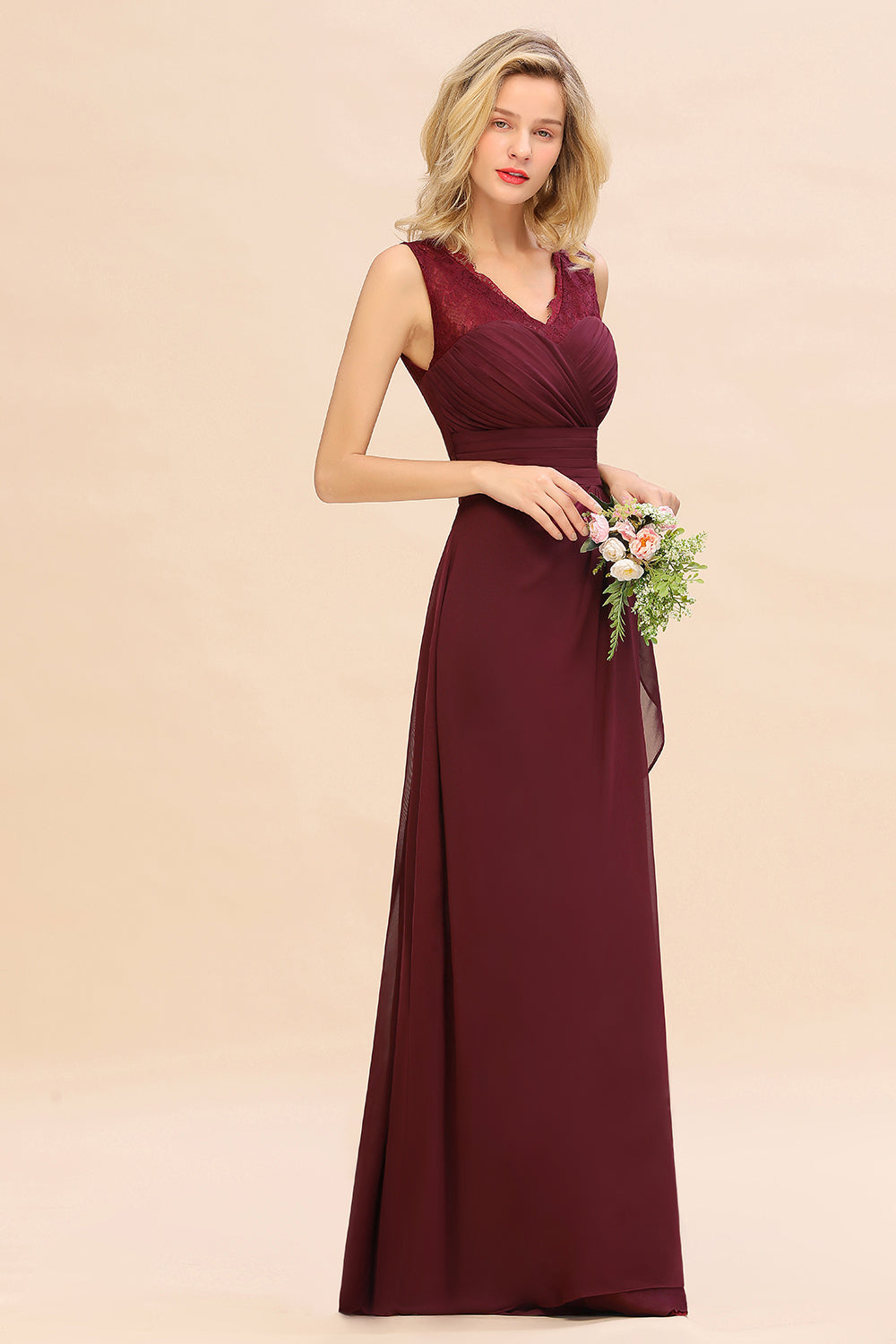 Elegant Lace V-Neck Burgundy Chiffon Bridesmaid dresses with Ruffle - Fashionpara