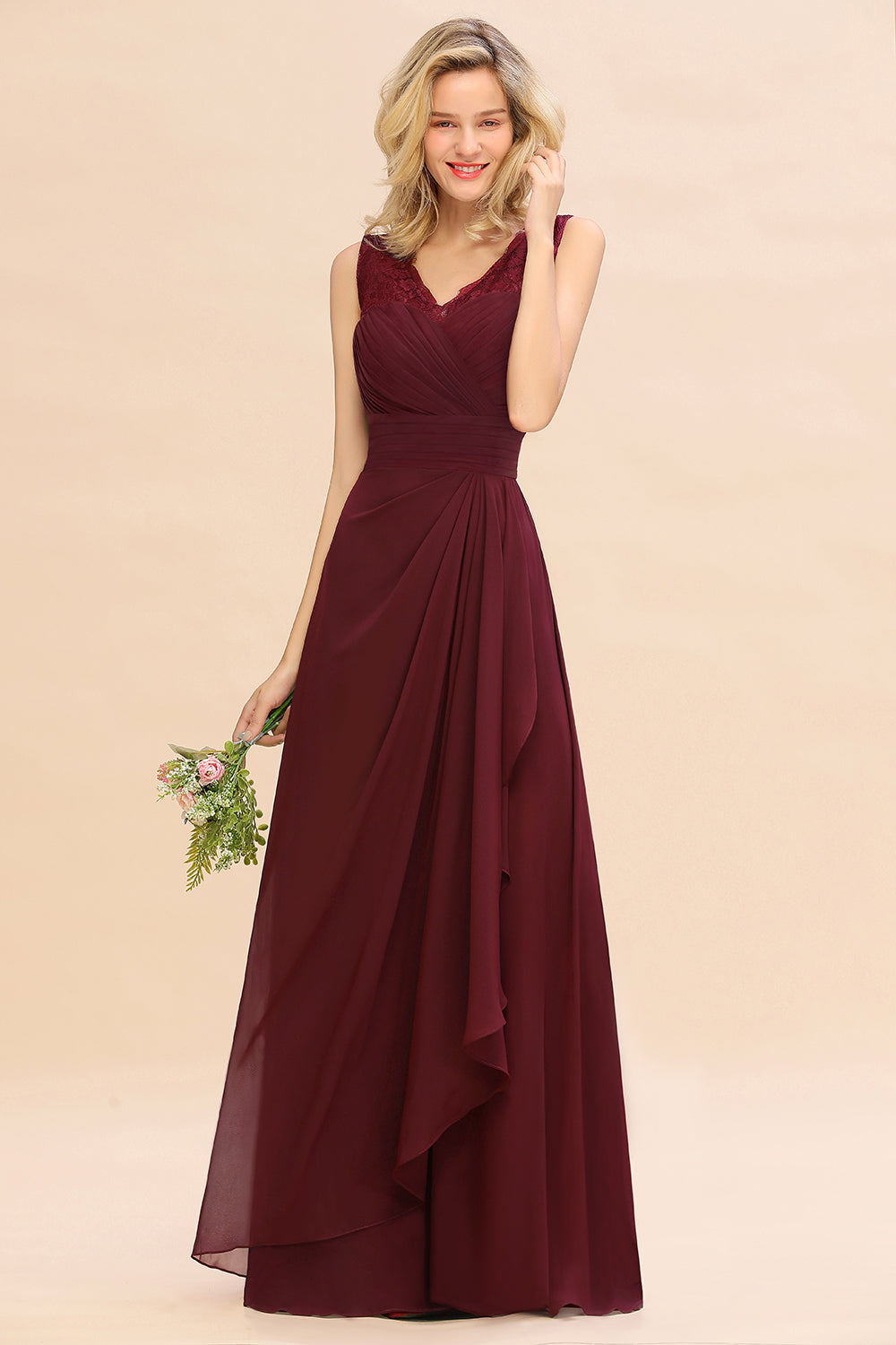 Elegant Lace V-Neck Burgundy Chiffon Bridesmaid dresses with Ruffle - Fashionpara