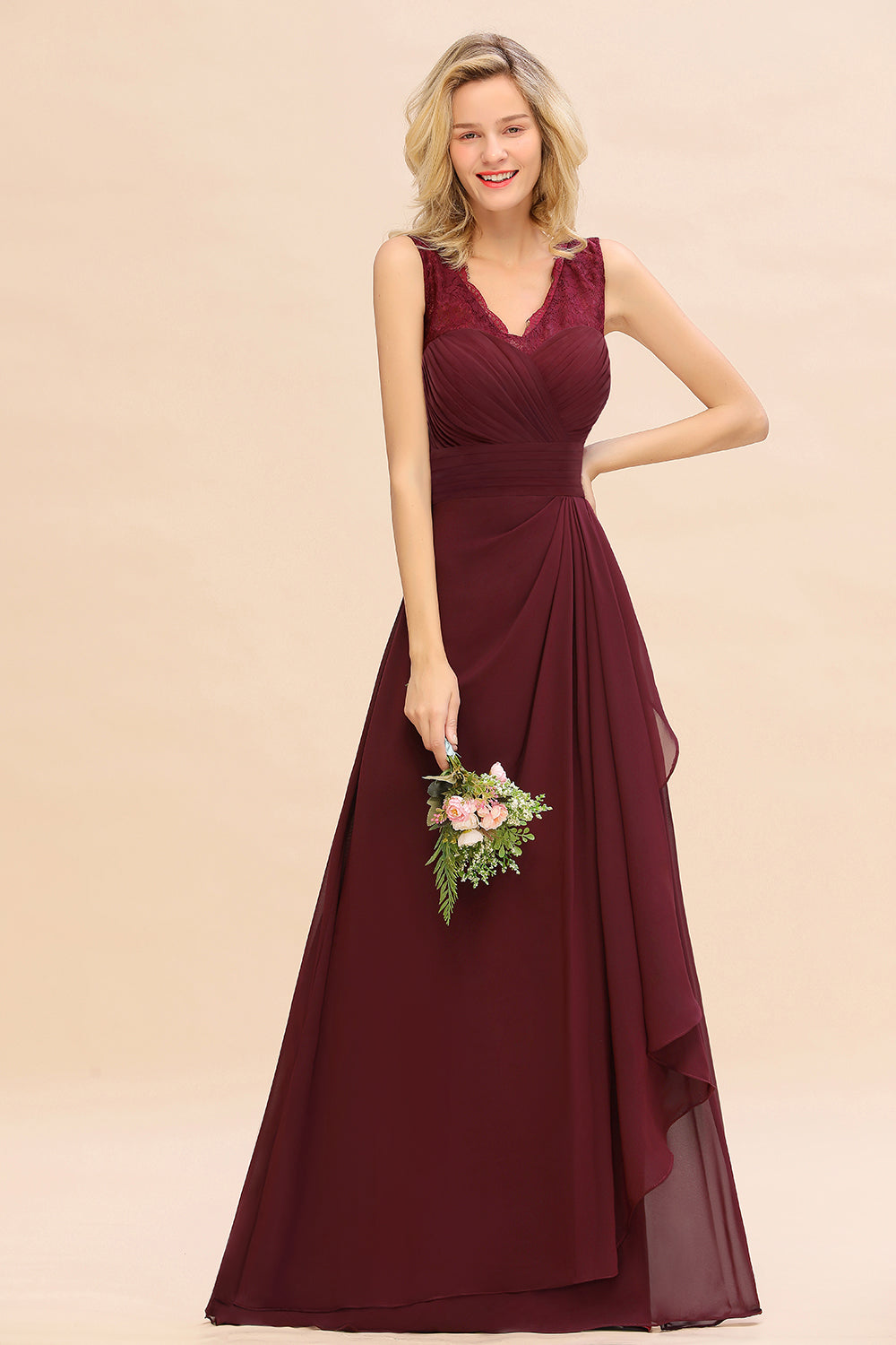 Elegant Lace V-Neck Burgundy Chiffon Bridesmaid dresses with Ruffle - Fashionpara