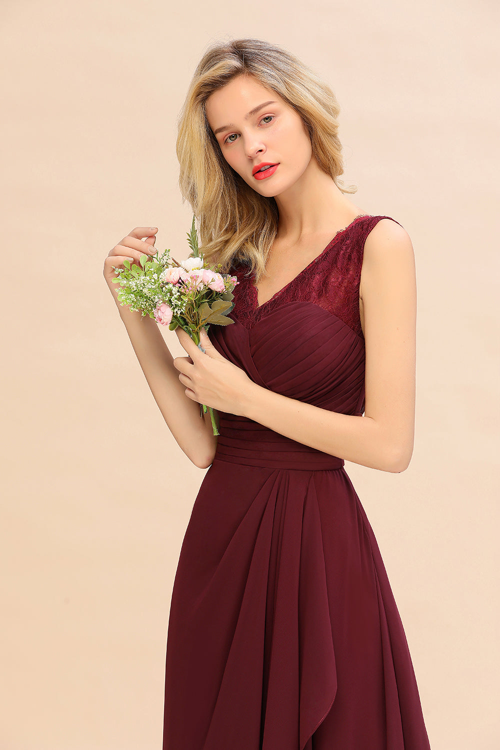 Elegant Lace V-Neck Burgundy Chiffon Bridesmaid dresses with Ruffle - Fashionpara