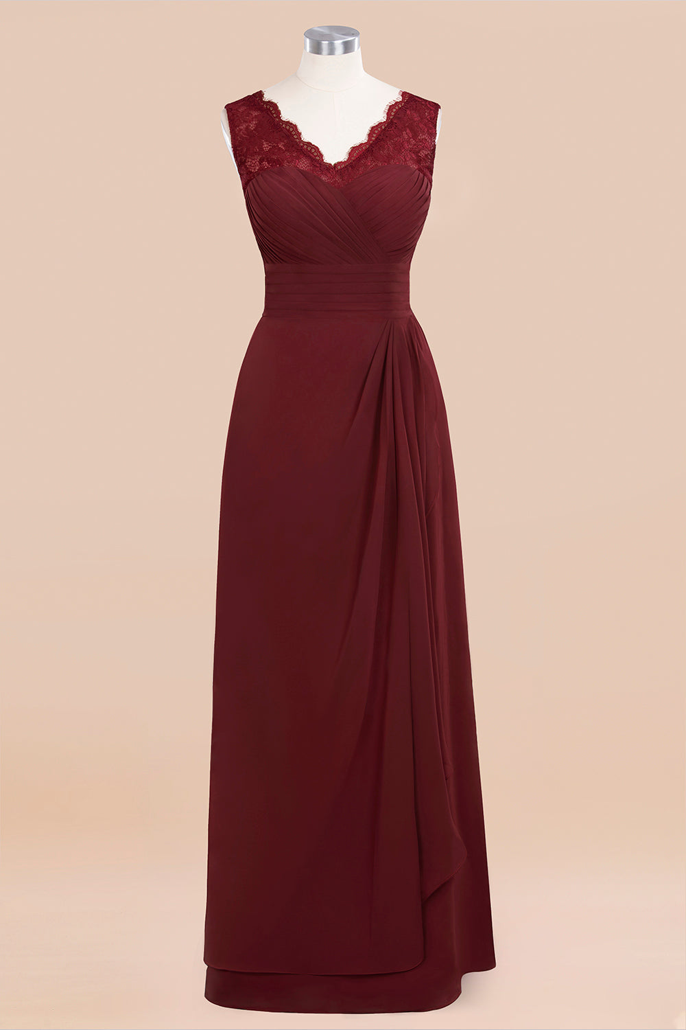 Elegant Lace V-Neck Burgundy Chiffon Bridesmaid dresses with Ruffle - Fashionpara