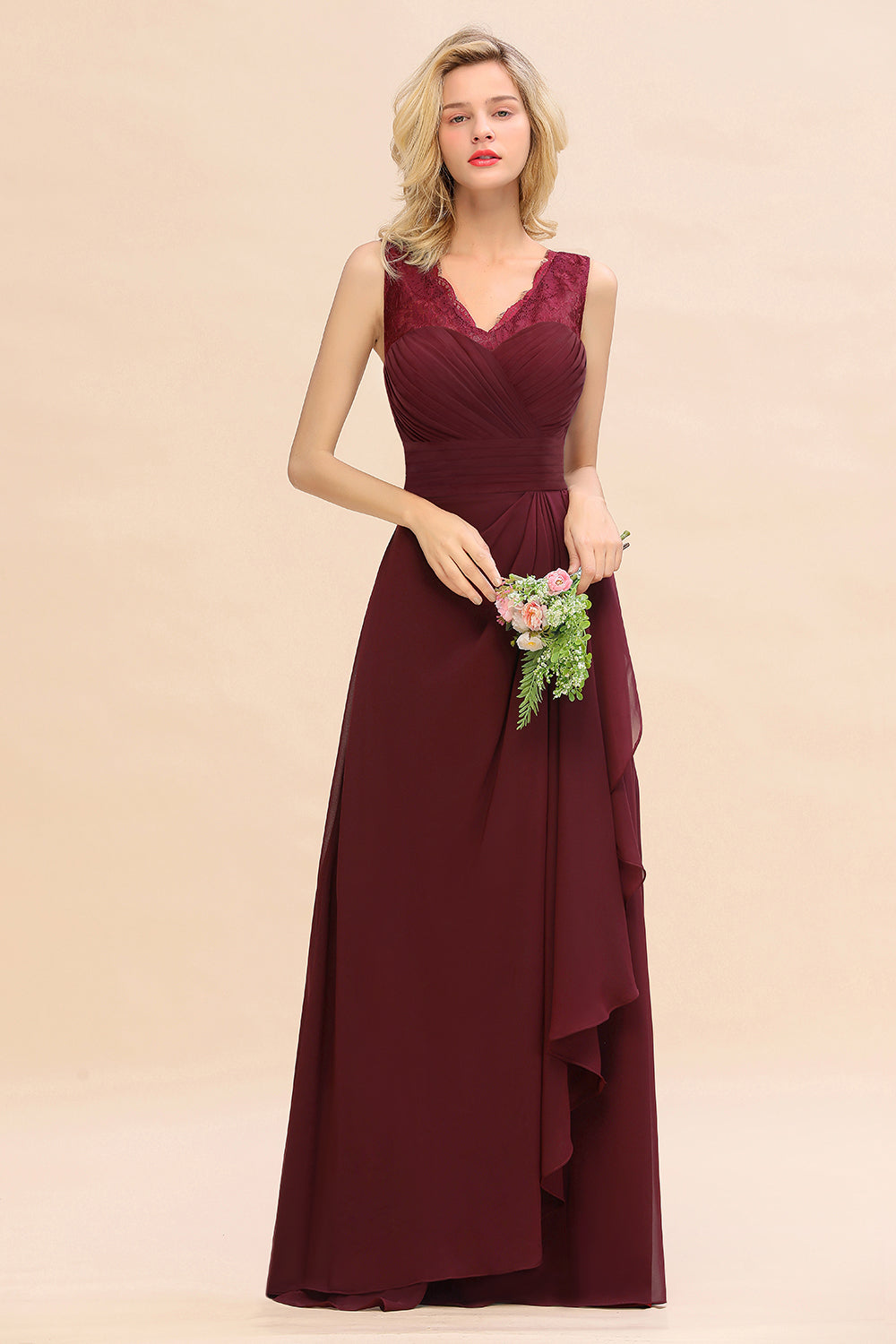 Elegant Lace V-Neck Burgundy Chiffon Bridesmaid dresses with Ruffle - Fashionpara