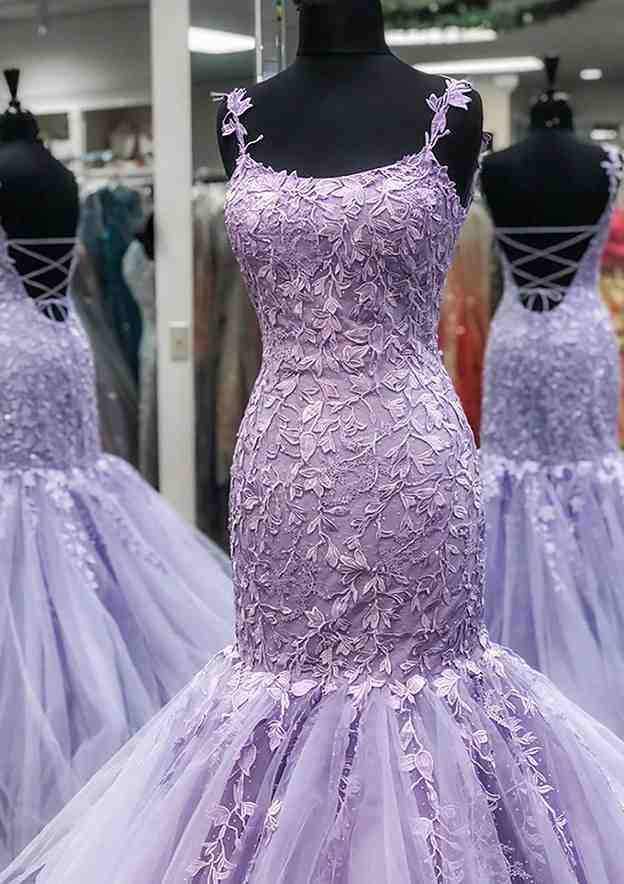 Elegant Laced Prom Dress/Evening Dress with Square Neckline and Spaghetti Straps - Trumpet/Mermaid Long/Floor-Length - Fashionpara