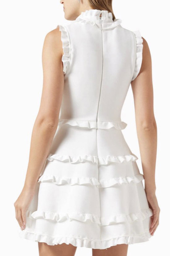 Elegant Layered Ruffle High Neck A Line Sleeveless Bandage Party Mini Dress - White - Fashionpara