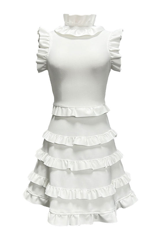 Elegant Layered Ruffle High Neck A Line Sleeveless Bandage Party Mini Dress - White - Fashionpara