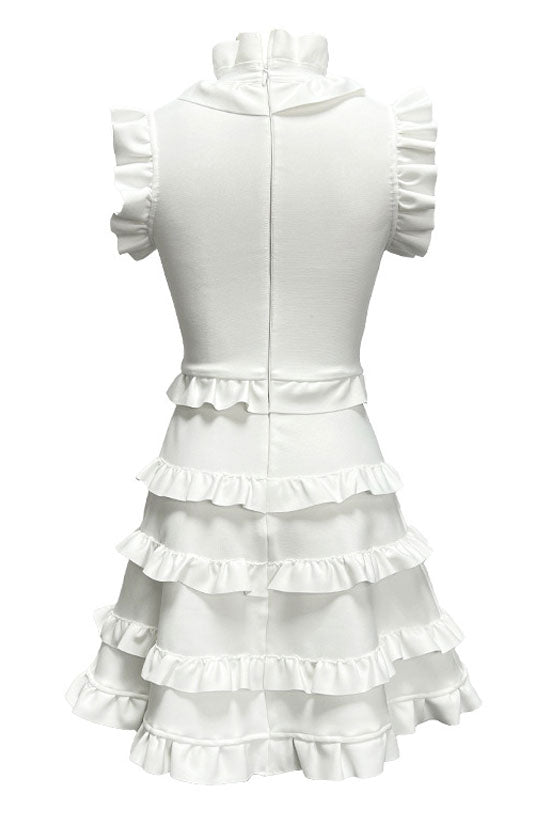 Elegant Layered Ruffle High Neck A Line Sleeveless Bandage Party Mini Dress - White - Fashionpara