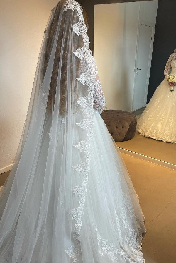 Graceful Long A-line Lace Wedding Dress with Delicate Long Sleeves - Fashionpara