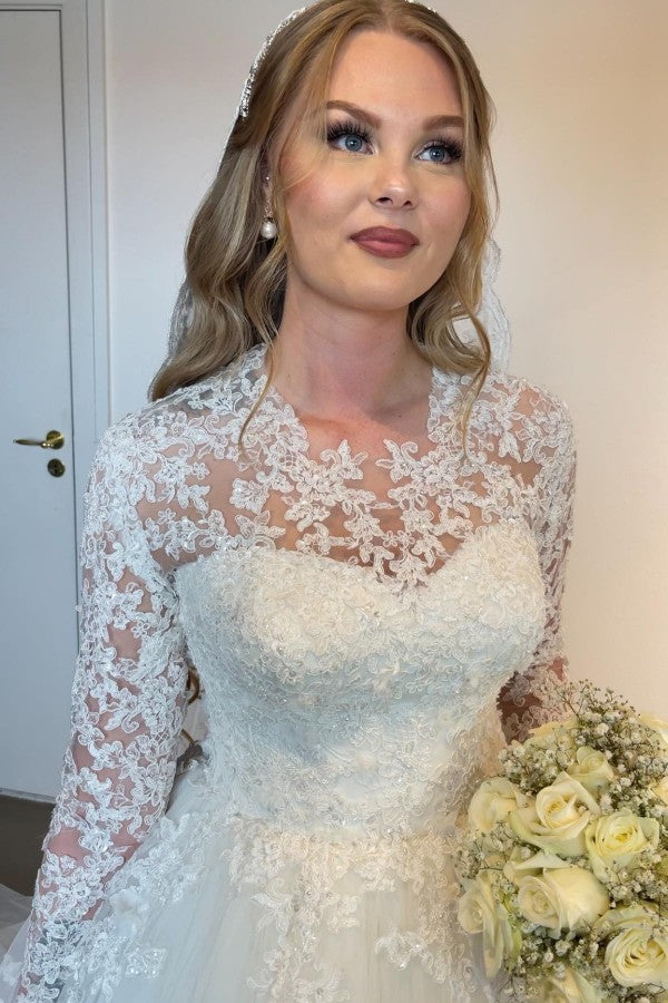 Graceful Long A-line Lace Wedding Dress with Delicate Long Sleeves - Fashionpara
