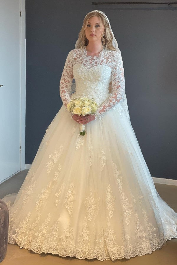 Graceful Long A-line Lace Wedding Dress with Delicate Long Sleeves - Fashionpara