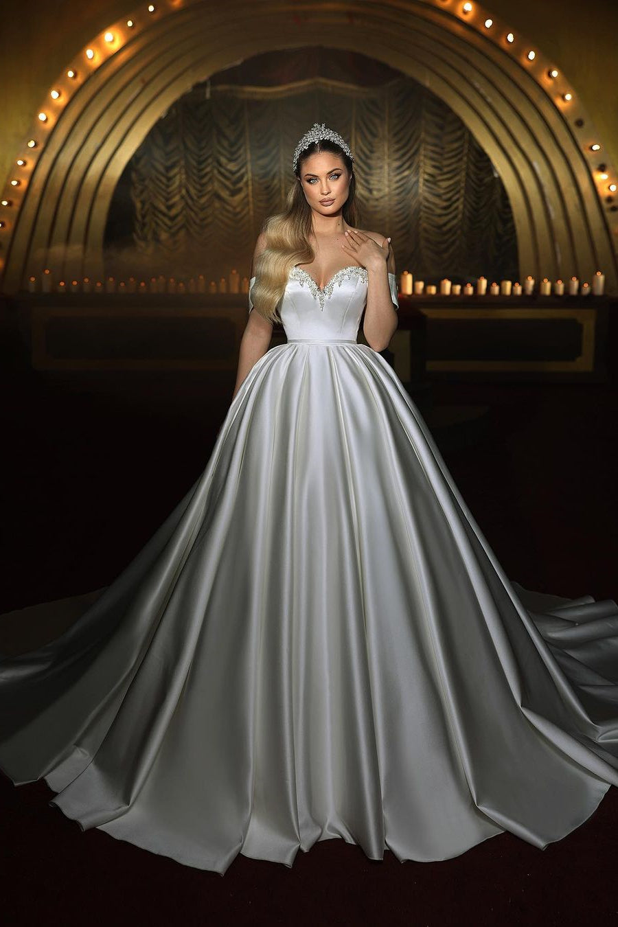 Sophisticated Long Ivory Sweetheart Off-The-Shoulder A-Line Sleeveless Wedding Dress - Fashionpara