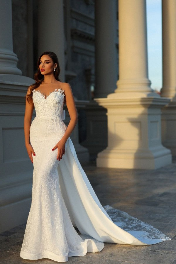 Elegant Long Mermaid Sleeveless Wedding Dress with Lace - Fashionpara