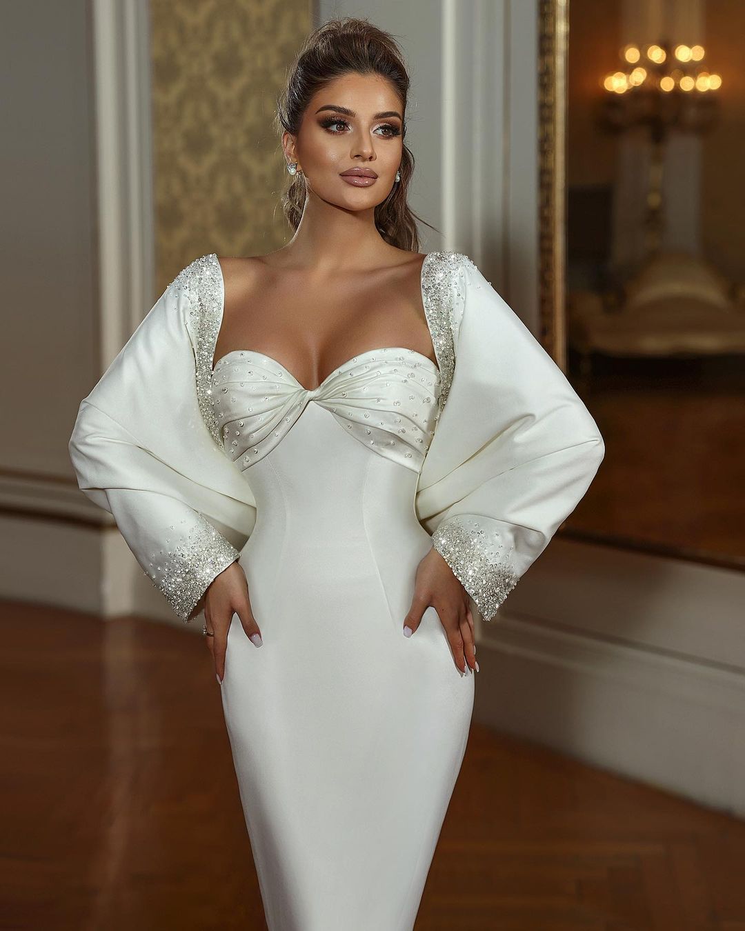 Elegant Long Mermaid Sweetheart Wedding Dress with Long Sleeves and Beading - Fashionpara