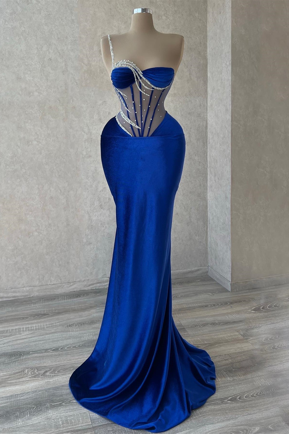 Royal Blue Floor-Length One Shoulder Mermaid Sequined Beading Prom Dress With Lace - Fashionpara