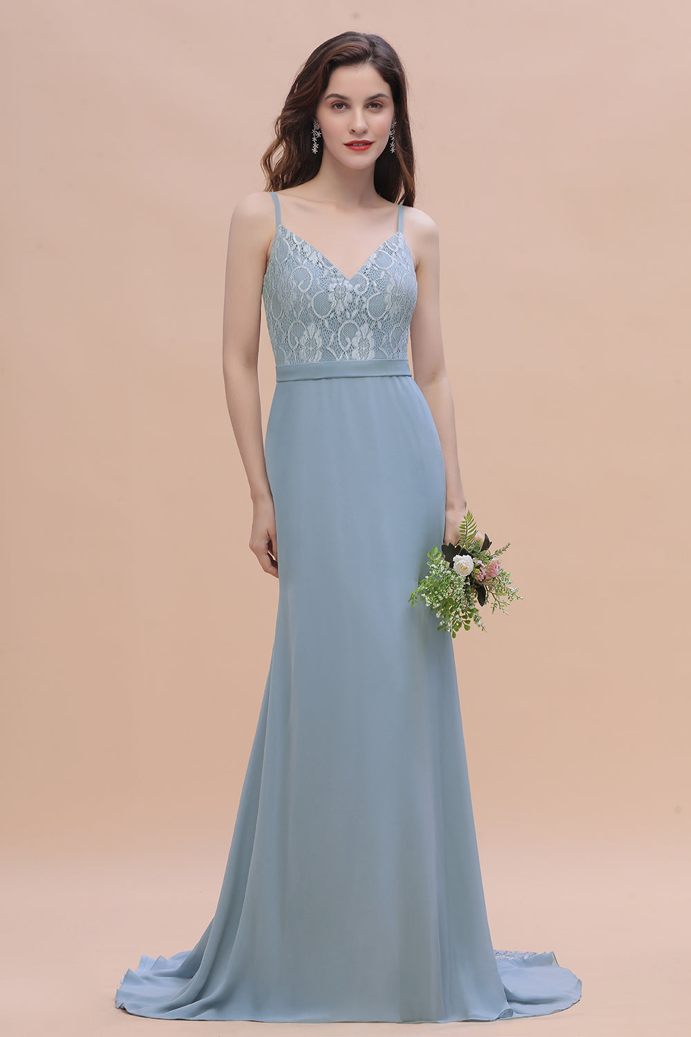 Elegant Mermaid Chiffon Lace Dusty Blue Bridesmaid Dresses with Spaghetti Straps On Sale - Fashionpara