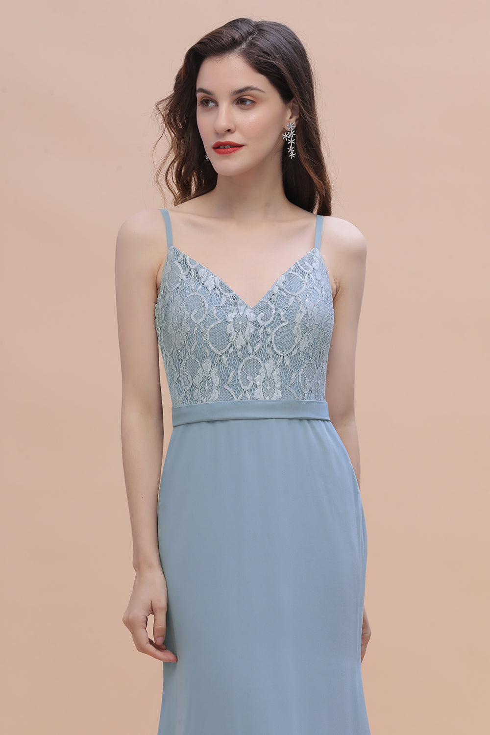 Elegant Mermaid Chiffon Lace Dusty Blue Bridesmaid Dresses with Spaghetti Straps On Sale - Fashionpara