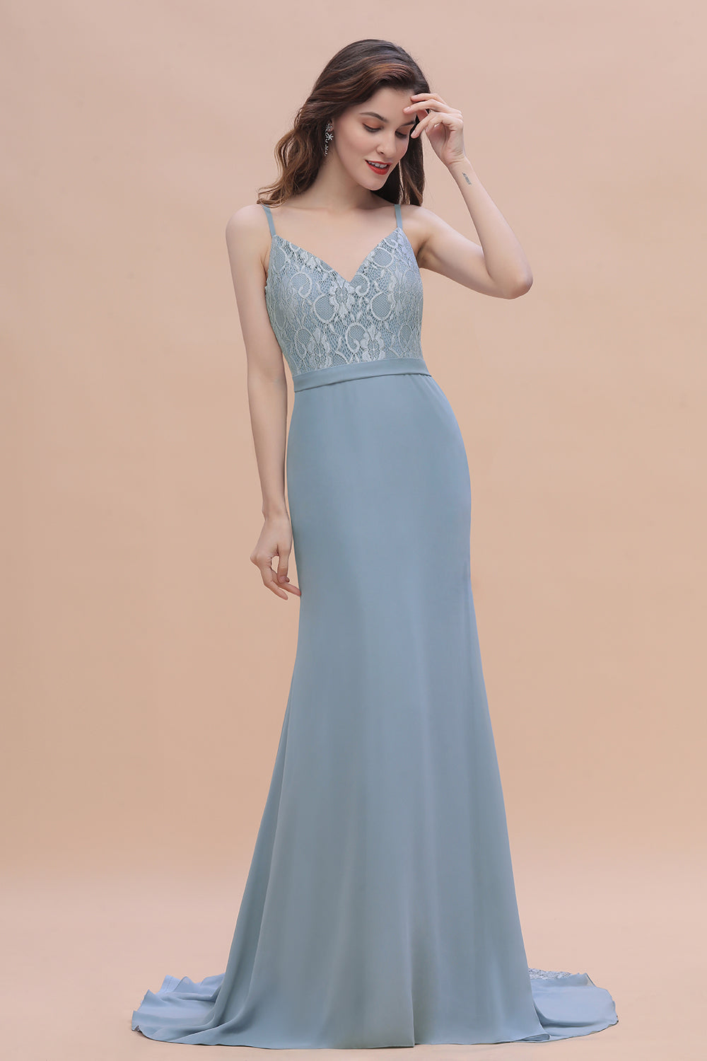 Elegant Mermaid Chiffon Lace Dusty Blue Bridesmaid Dresses with Spaghetti Straps On Sale - Fashionpara